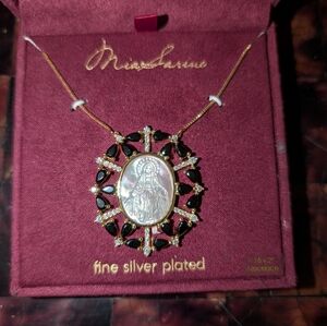 Mia Sarine Mother Mary fine silver Plated Necklace  16-18 In. Black& Gold Tone